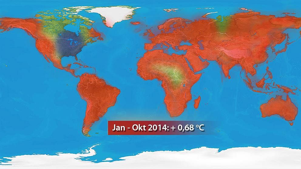 Få platser har under året haft kallare än normalt. Endast delar av Nordamerika uppvisar ett temperaturunderskott.