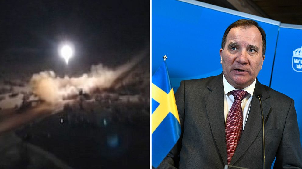 T.v. Missil avfyras i mörker. T.h. Statsminister Stefan Löfven på pressträff.
