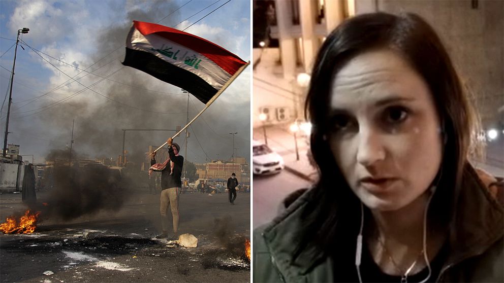 En bild från en demonstration i Irak och en bild på SVT:s reporter Lina Malers, som är på plats Bagdad.