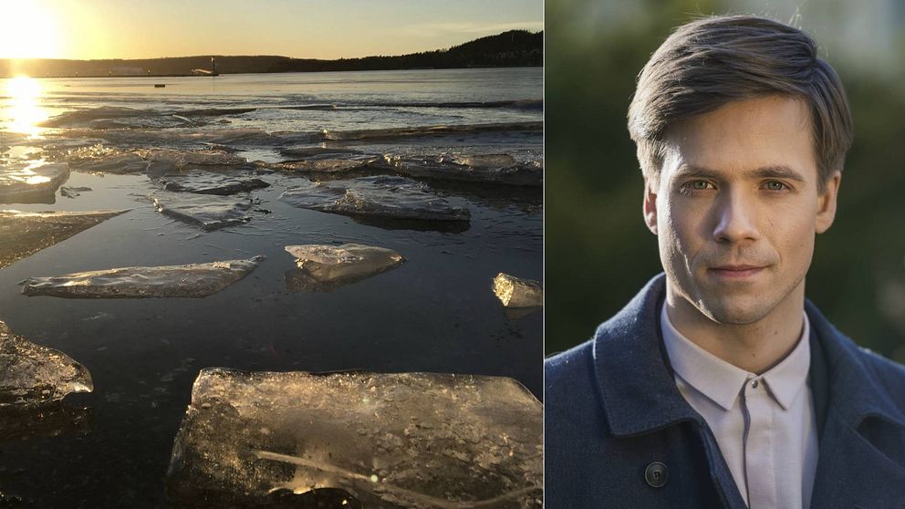 Bild på isflak i Storsjön och meteorologen Nils Holmqvist