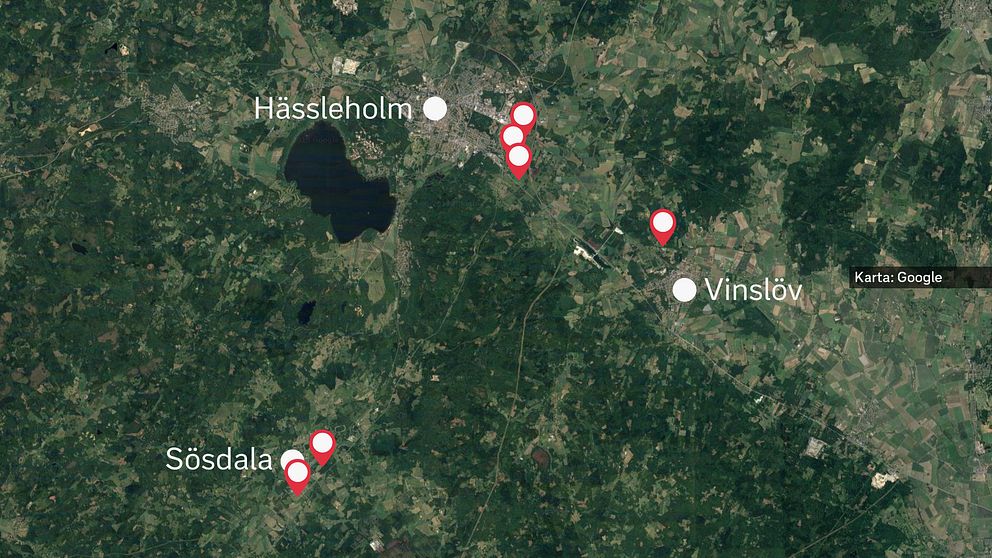 Flygbild över Hässleholm, Vinslöv och Sösadala med sex punkter.