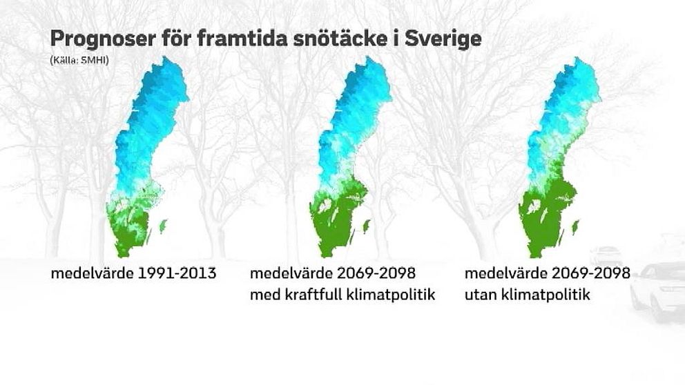 Tre kartbilder över Sverige med snötäcke idag, med en kraftfull klimatpolitik och utan klimatåtgärder