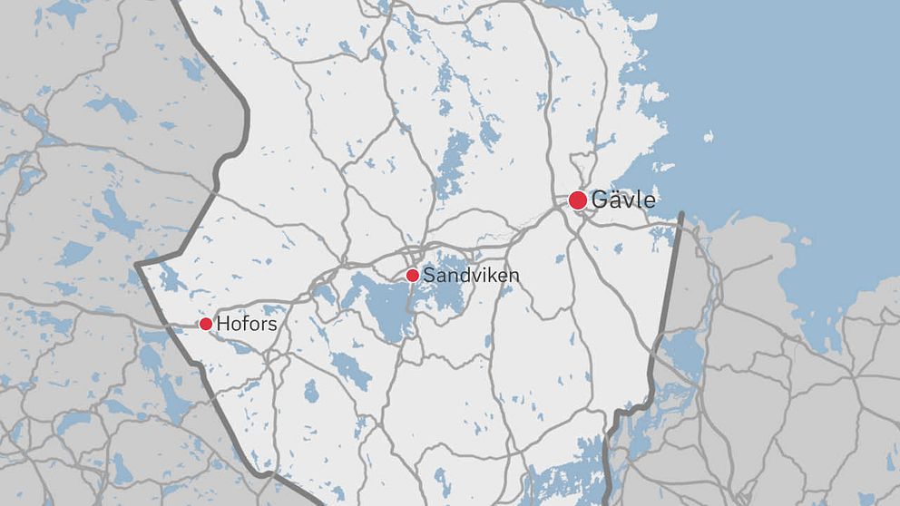 En karta över delar av Gävleborg där Gävle, Sandviken och Hofors finns utplacerade.