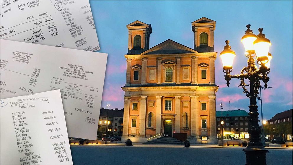 Tre kvitton på olika matbeställningar ligger på en bild med Fredrikskyrkan i kvällsljus.