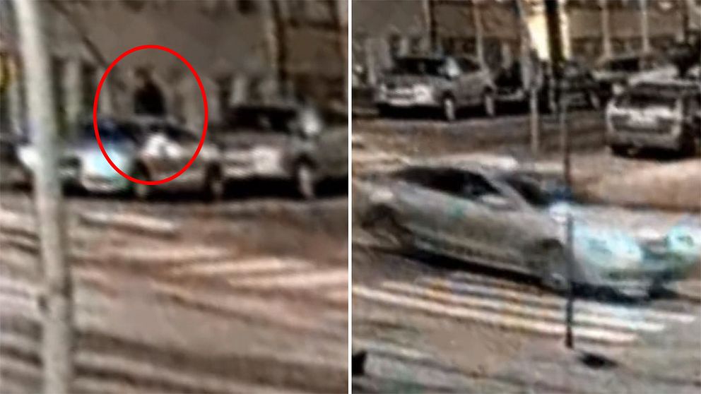 Bilder från övervakningskamera som visar hur en person går till en bil och åker iväg.