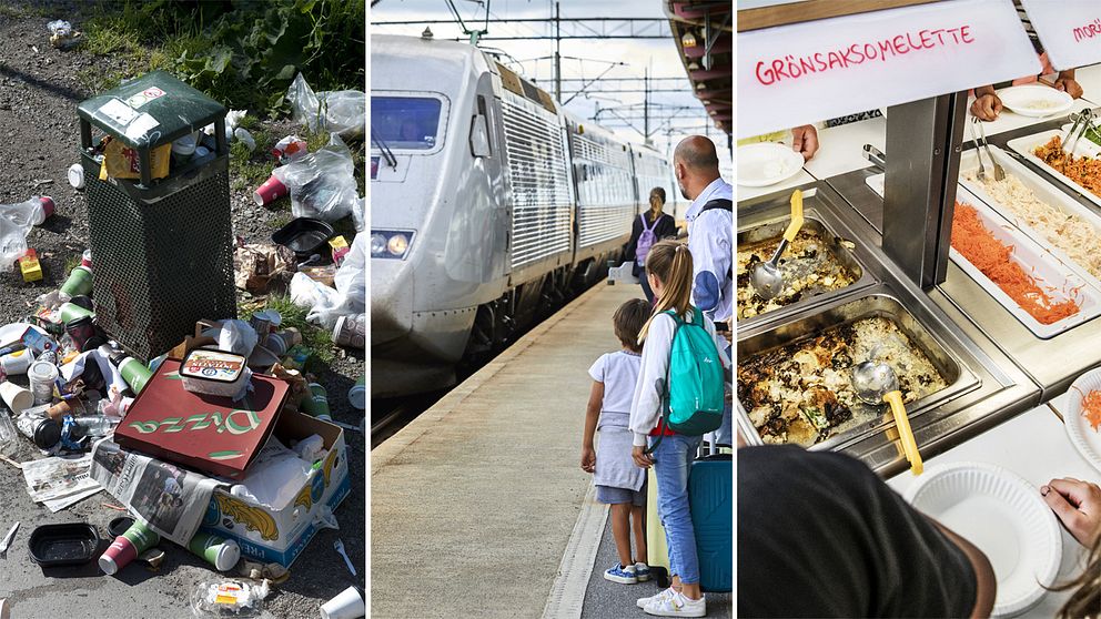 En överfull papperskorg, familj som väntar på tåg och vegetarisk mat.