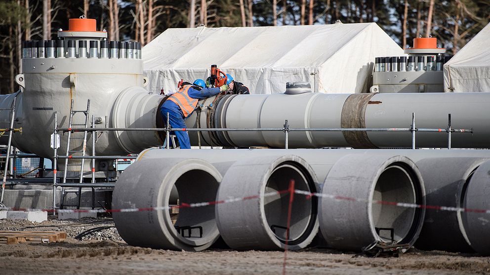 Arbetare på byggarbetsplats för Nord Stream 2 i Lubmin, Tyskland, mars 2019.