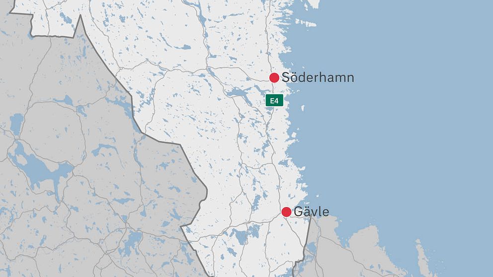 kartgrafik med E4 , Söderhamn och Gävle utmärkta