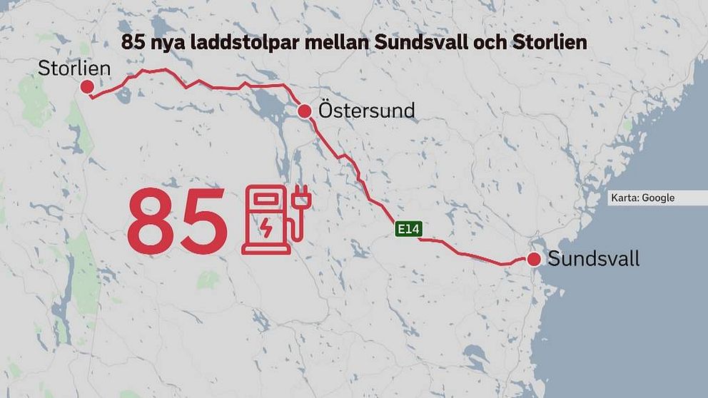 85 laddstolpar placeras ut längs E14 mellan Sundsvall och Storlien