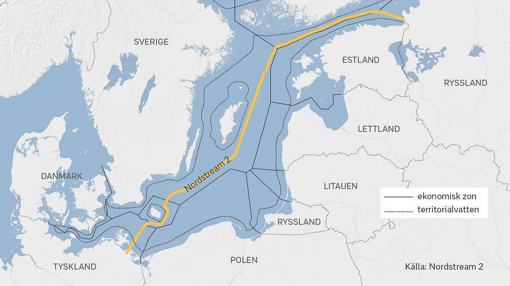 Gasledningen Nord Stream 2 ska bli cirka 2 460 kilometer lång. Den är nedlagd i svensk ekonomisk zon i Östersjön och ska leverera naturgas från Ryssland