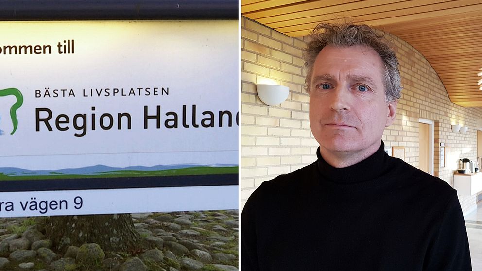 Ola Johansson,  biträdande hälso- och sjukvårdsdirektör, och en skylt där det står Region Halland, bästa livsplatsen.