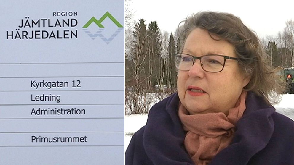 Skylt med texten Region Jämtland Härjedalen. Bild på brunhårig kvinna med glasögon