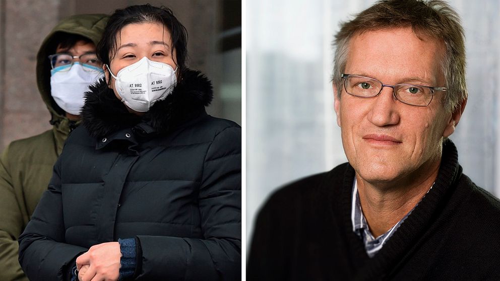 Två personer i Kina med munskydd. Anders Tegnell, Folkhälsomyndigheten.