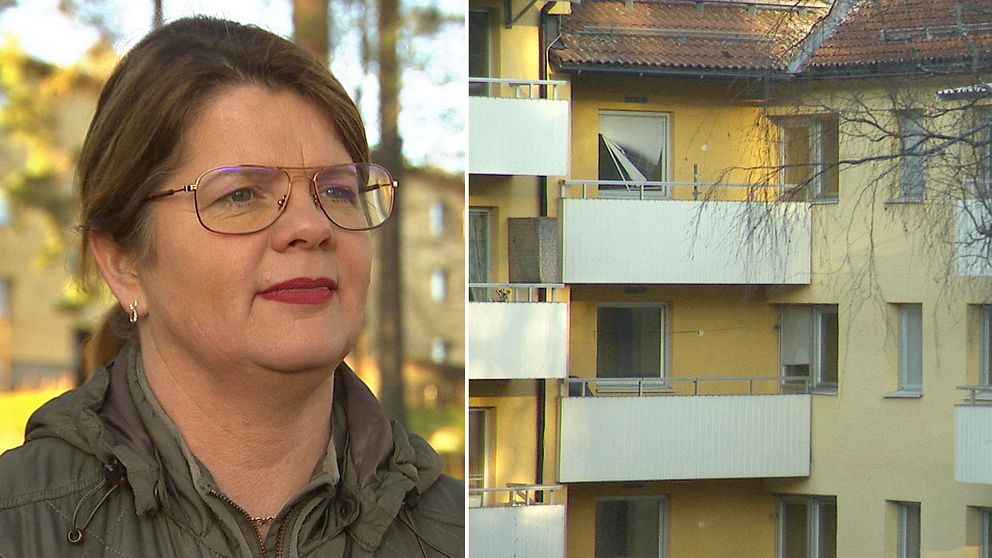 Två bilder. Filipstads kommunalråd Åsa Hååkman Felth och ett hus med tomma lägenheter.