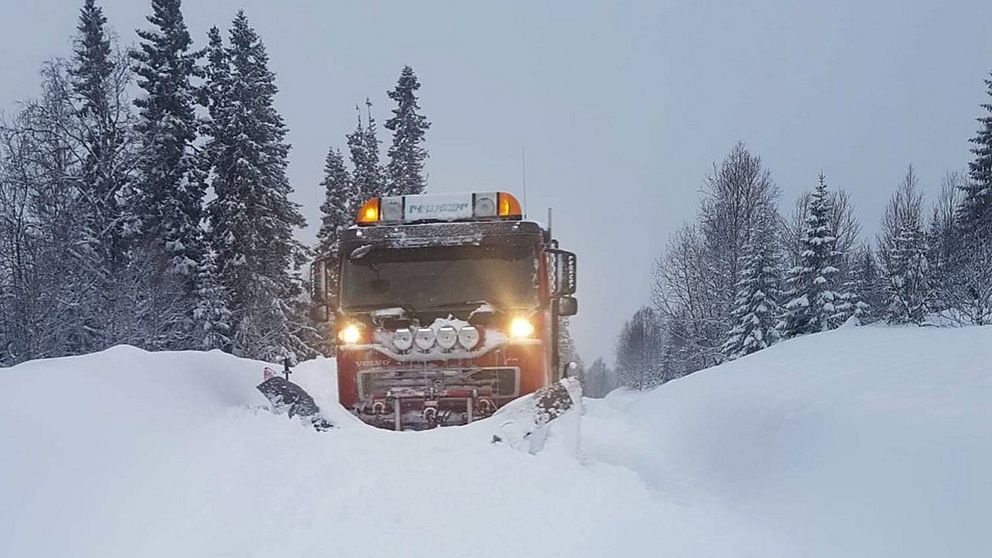 lastbil med plog bland snödrivor på väg, skog på sidan