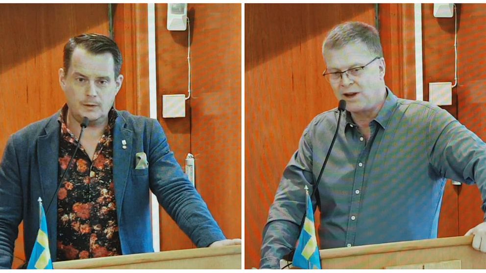 Kommunstyrelsens ordförande Michael Karlsson (S) och oppositionspolitikern Thomas Lindström (TL) i talarstolen.