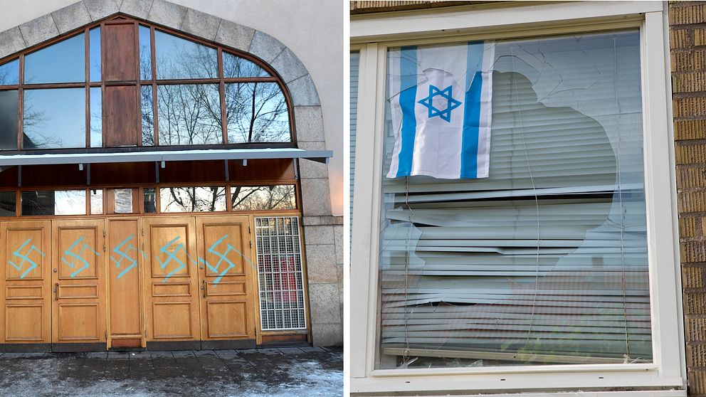 Stockkholms moské har vandaliserats med hakkors. Ett fönster har krossats där det hänger en israelisk flagga.
