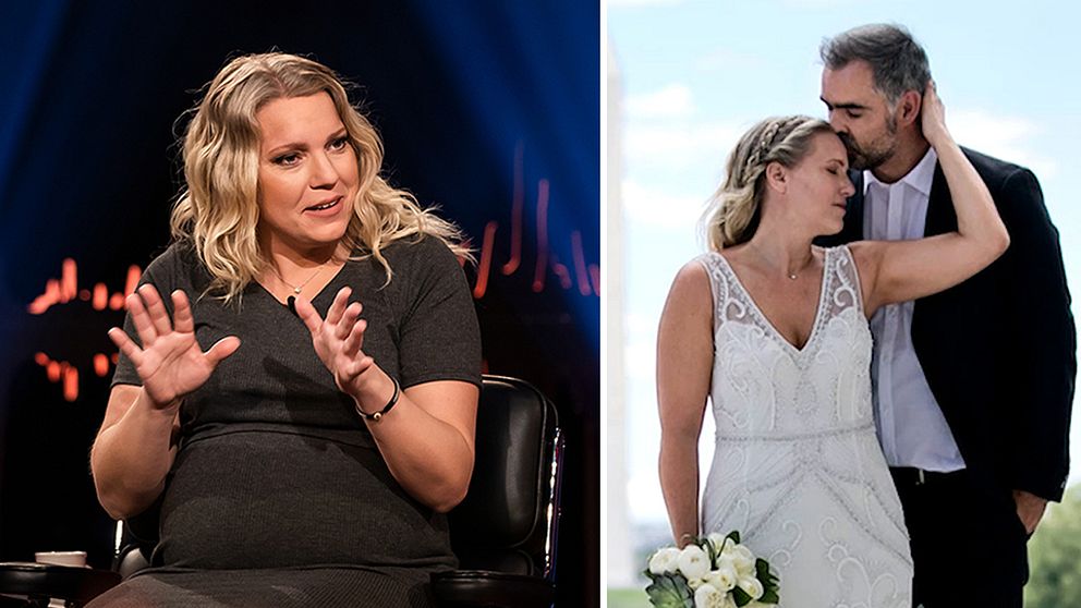 Sveriges Televisions tidigare utrikeskorrespondent Carina Bergfeldt träffade danske tv-journalisten Jesper Zølck, i Washington DC. Till vänster: Carina Bergfeldt i Skavlan. Till höger: Carina Bergfeldts bröllopsbild.