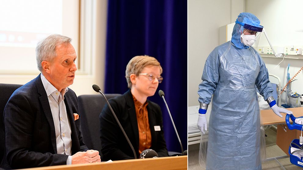 Mats Bojestig, hälso- och sjukvårdsdirektör och Malin Bengnér, smittskyddsläkare under fredagens pressträff. Samt anställd på Karolinska iförd skyddskläder.