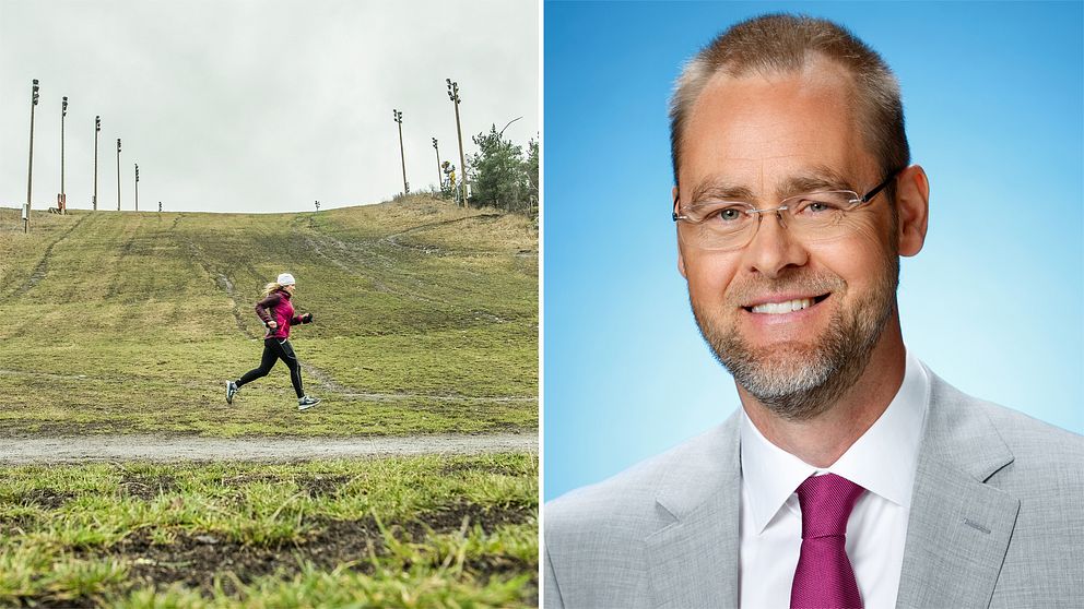 Bild på ett snöfritt Hammarbybacken i södra Stockholm där en kvinna joggar samt bild på SVT:S meteorolog Per Stenborg.