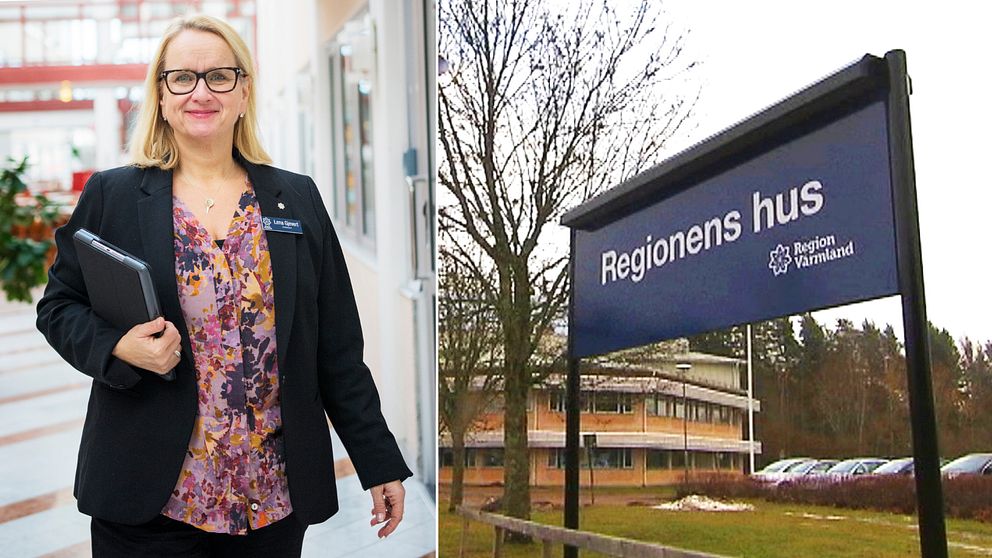 Delad bild: Lena Gjevert och skylt med texten ”regionens hus – Region Värmland”.