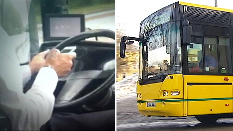 Montage. Busschaufför håller i en mobiltelefon i ena handen och en bussratt i den andra. Fronten på en gul värmlandstrafikbuss i rörelse.