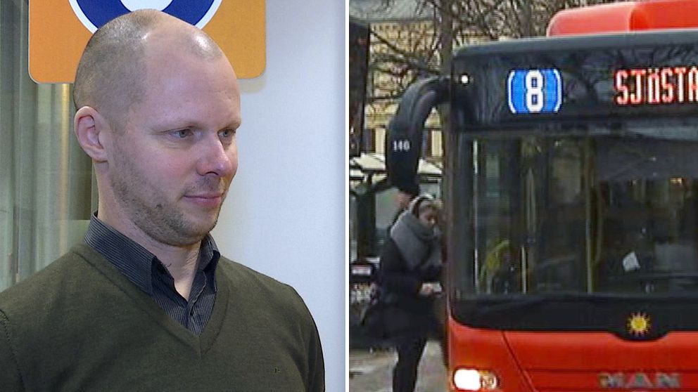 Montage. Man utan hår framför en busskylt inomhus. Buss vid hållplats. Ung kvinna med hörlurar går på.