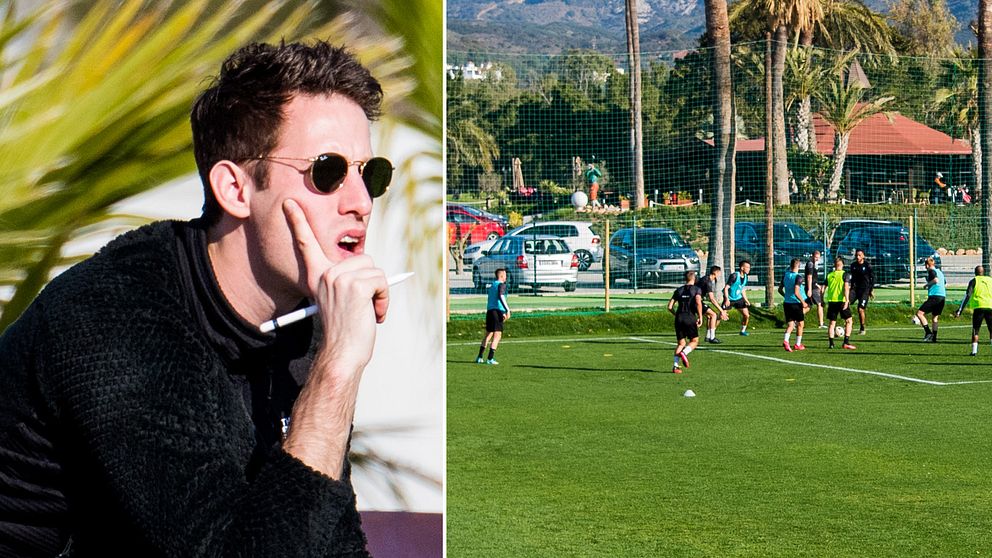 Den tyske spionen från Wolfsburg följer en träning med Malmö FF i Marbella.