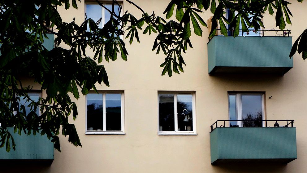 Fasaden av en flerfamiljsbyggnad med fyra fönster och två balkonger. Flera grenar med gröna blad skymmer delvis vyerna. Det finns en ljus inredning synlig genom fönstren.