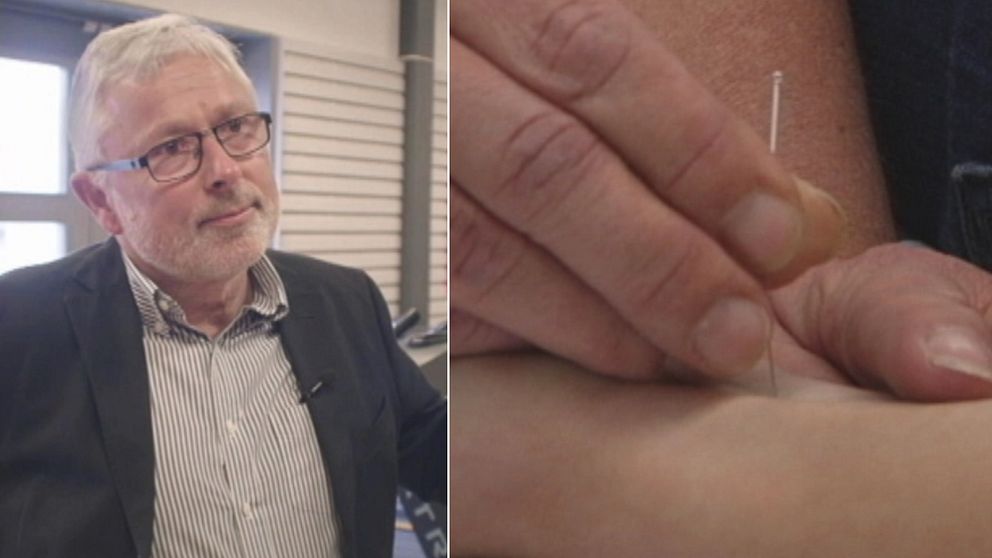 Mats Hammar, professor emeritus i gynekologi vid Linköpings universitet till vänster, bild på akupunkturnål till höger