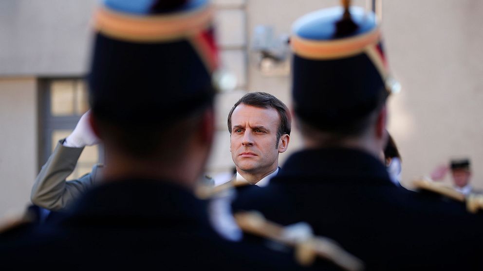 Frankrikes president Emmanuel Macron vid försvarshögskolan i Paris den 7 februari 2020.
