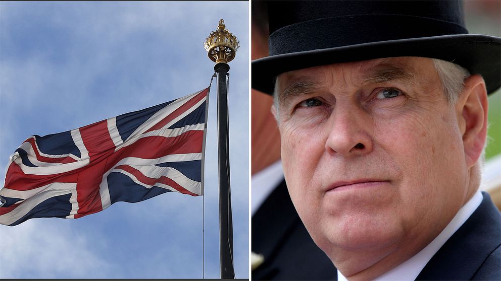 En brittisk flagga och en bild på prins Andrew.