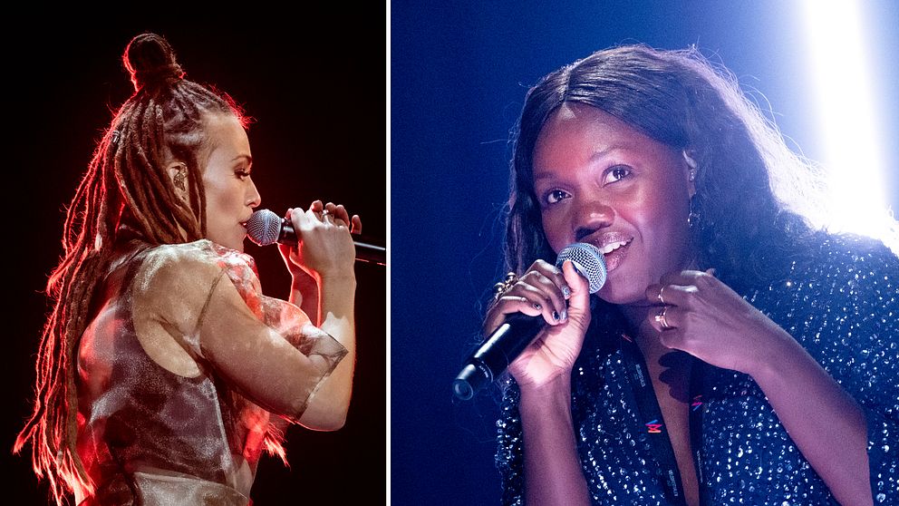 Faith Kakembo (t.h) väntas kunna hota förhandsfavoriter som Mariette (t.v) under Melodifestivalens deltävling i Luleå på lördag.