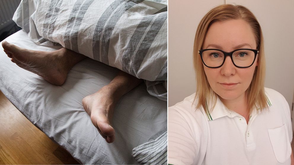 Fötter sticker ut från under täcket och en bild på Anna Fagerberg.