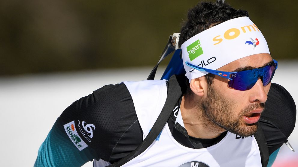 Frankrikes Martin Fourcade under herrarnas stafett 4x7,5 km under skidskytte-VM i Antholz