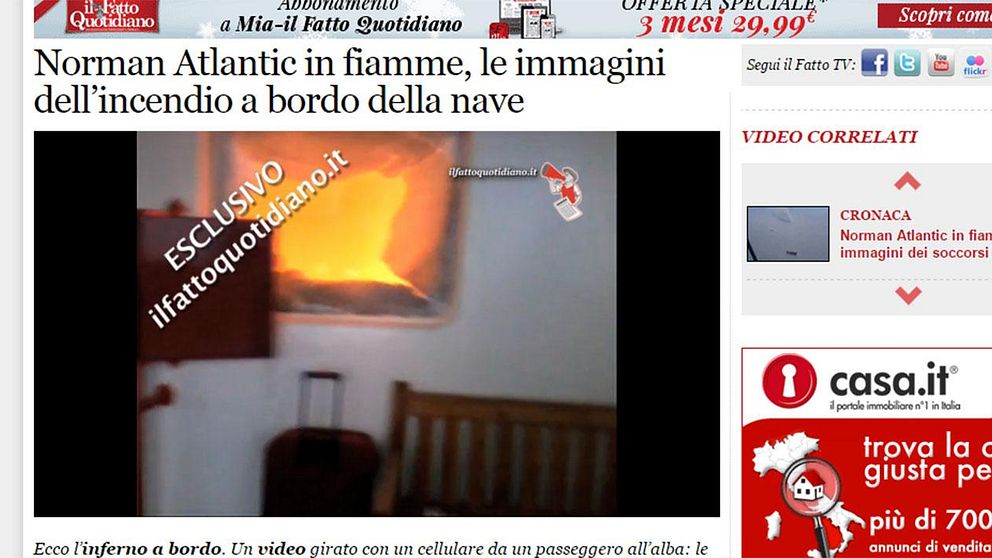 Den italienska tidningen il Fatto Quotidiano publicerar en mobilfilm tagen av en passagerare ombord på den brinnande färjan.