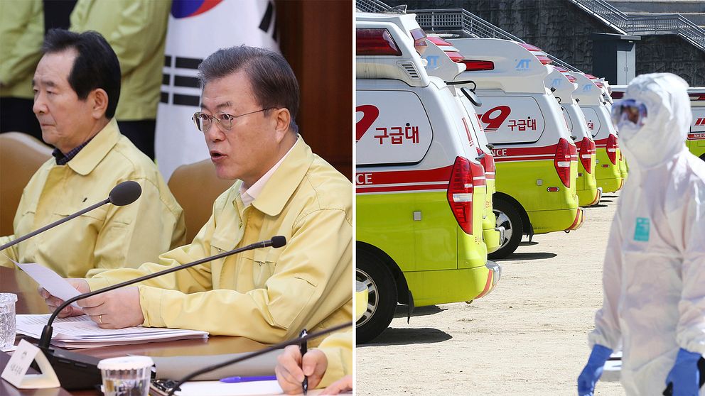 Sydkoreas president Moon Jae-In vid ett regeringssammanträde på söndagen. Antalet konstaterade virusfall i landet ökar snabbt.