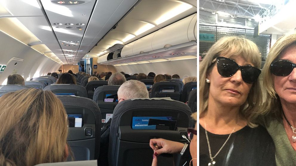 Susanne Mörk och hennes vän Malin Öjerhed på flyget som ska ta dem tillbaka till Göteborg.