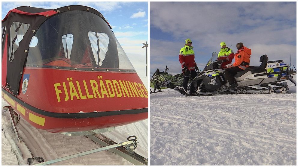 Två fjällräddare pratar med polisen i Grövelsjöfjällen.