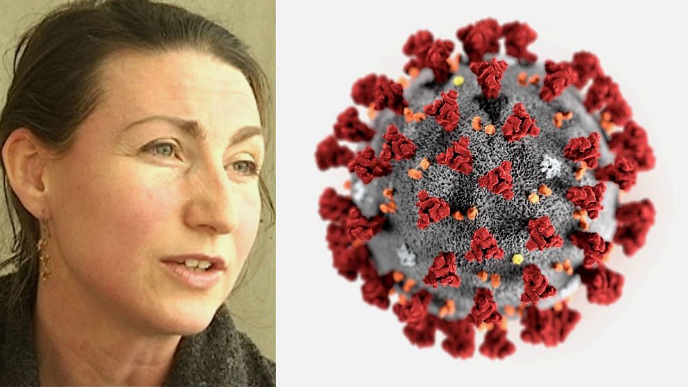 Bild på kvinna och mikroskopbild på coronaviruset, en grå boll med röda utväxter.