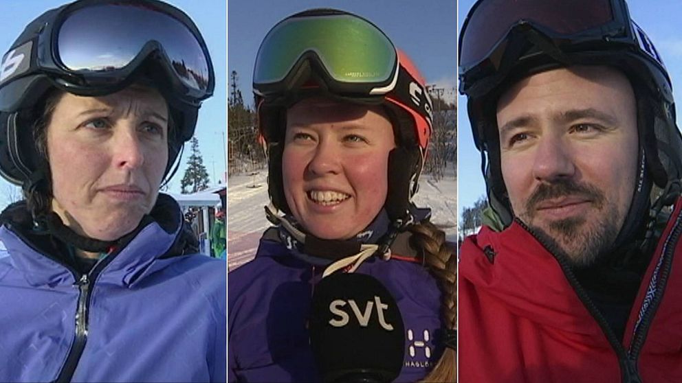Tre personer i skidhjälm och skidglasögon intervjuas i Åre. Från vänster medelålders kvinna i blå jacka, ung tjej med fläta, medelålders man i röd jacka.