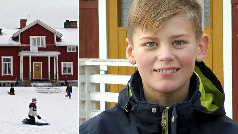 Alfred Eriksson, årskurs fem, ordförande i elevrådet och bild på Ransbergs skola en snöig dag
