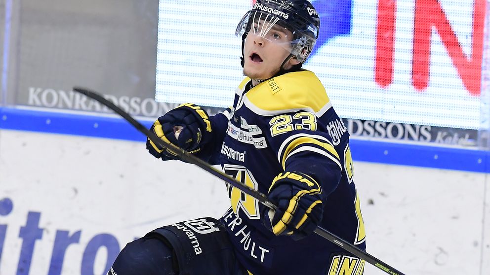 Lias Andersson jublar efter sitt 5-1 mål under torsdagens ishockeymatch i SHL.