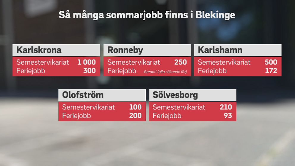 Så många sommarjobb finns i Blekinge. Karlskrona 1000 semestervikariat, 200 feriejobb. Ronneby 250 semestervikariat. Karlshamn 600 sommarvikariat, 160 feriejobb. Olofström 100 semestervikariat, 200 feriejobb. Sölvesborg 210 semestervikarieat, 93 feriejobb.