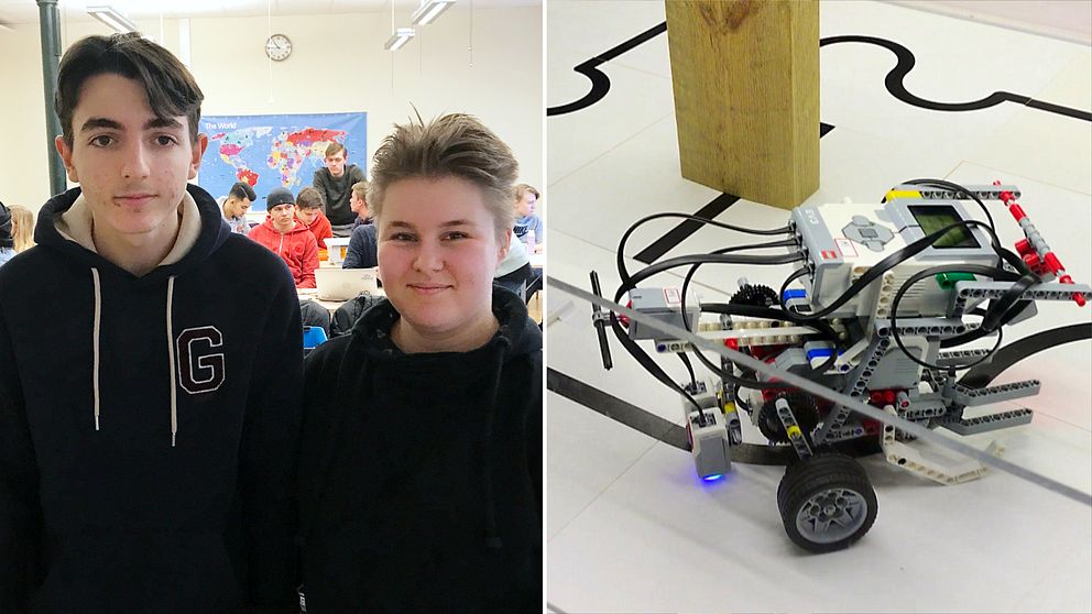 60 elever från sju skolor i Blekinge samlades på onsdagen på Kreativum i Karlshamn för att tävla i programmering i robottävlingen RoboCup Junior. På bild syns Albert Sporeja och Tilde Palm.