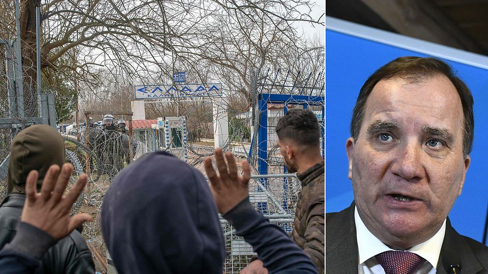 Bildmontage. Till vänster migranter vid den turk-grekiska gränsen. Till höger Stefan Löfven