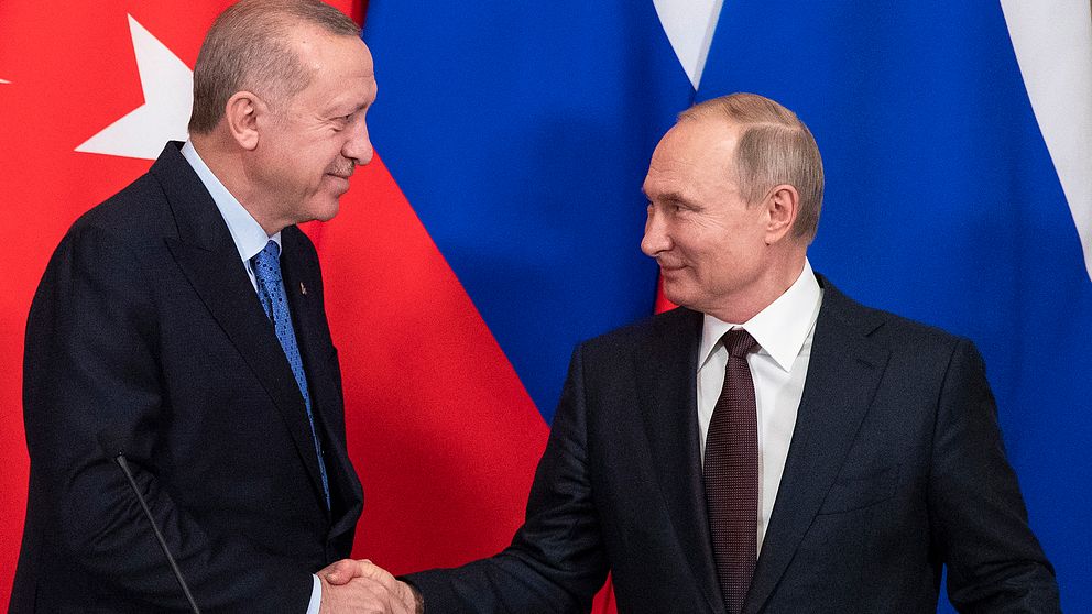 Rysslands president Vladimir Putin och Turkiets president Tayyip Erdogan skakar hand
