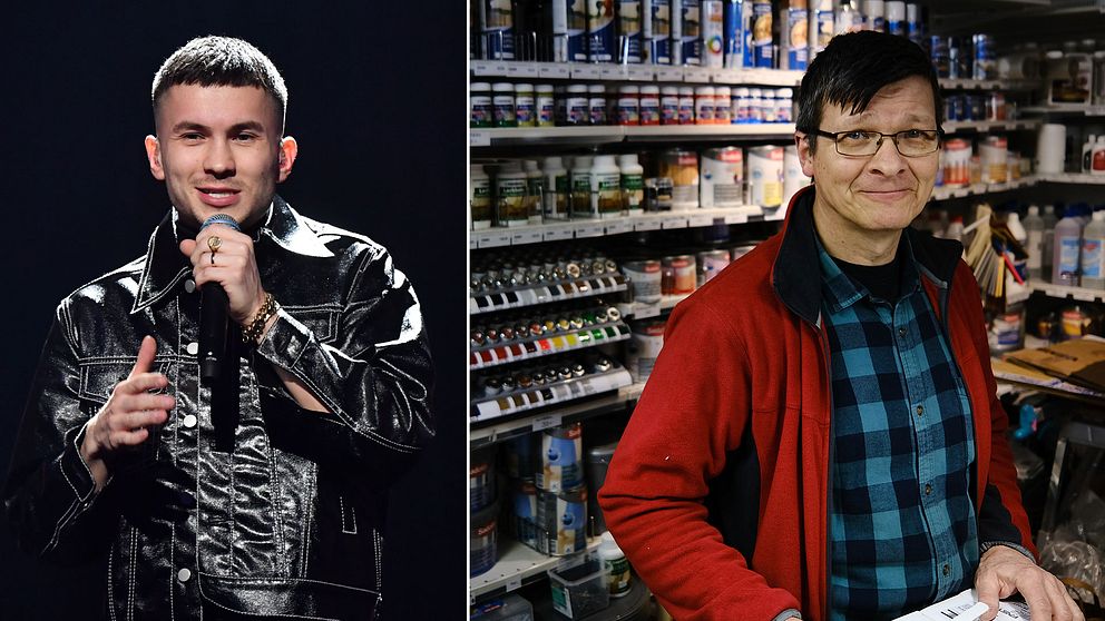 Till vänster artisten Paul Rey och till höger hans pappa Matti Jokela i sin järnhandel i Malmö.