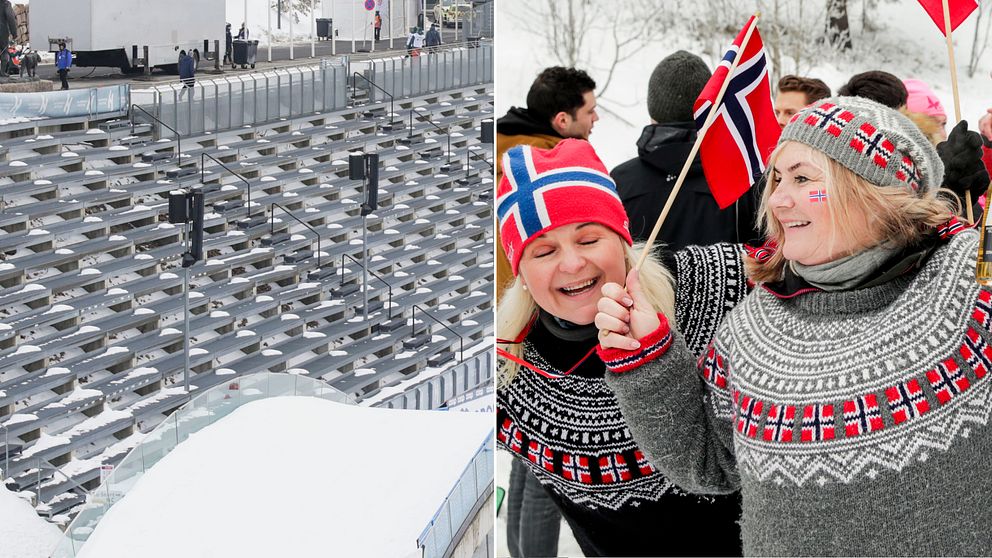 Trots tomma läktare är det många supportrar på plats i skogarna runt Holmenkollen.