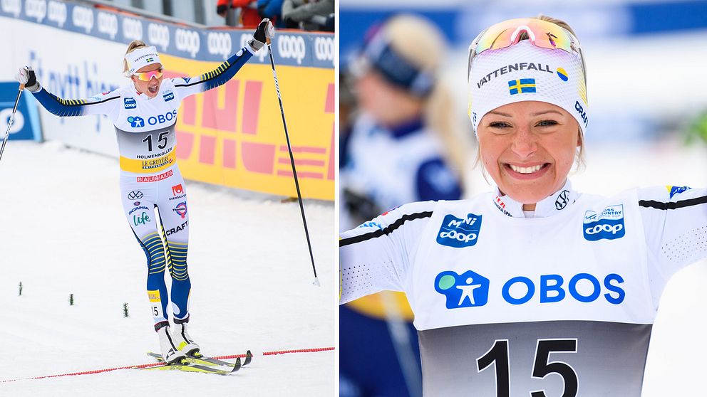 Frida Karlsson jublar efter segern i Holmenkollen.